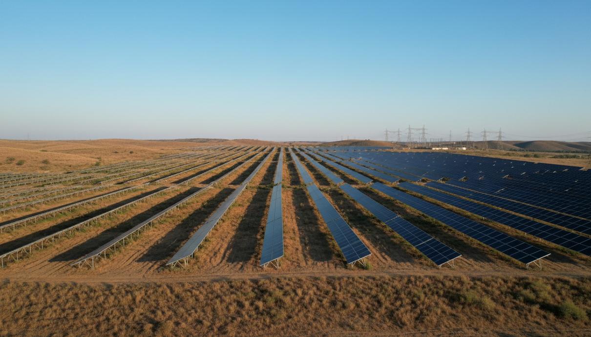 Tata Power ввела в Индии солнечную электростанцию на 100 МВт Солнечная электростанция с рядами панелей на одноосных трекерах, расположенная на холмистой местности в Индии.