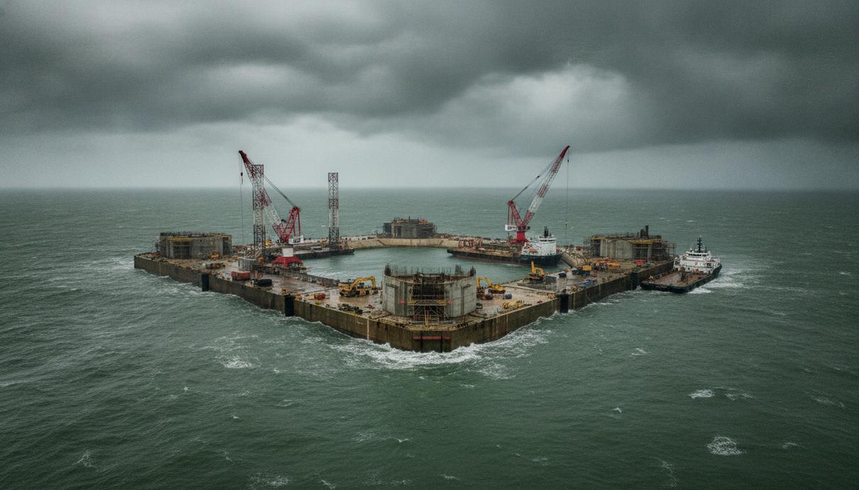 Строительство искусственного энергетического острова в Северном море. В кадре – бетонные конструкции, строительные краны и баржи.