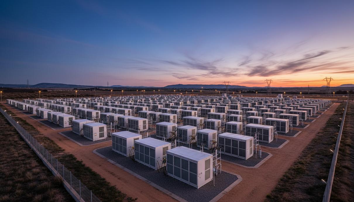 Контейнеры промышленной системы накопления электроэнергии, установленные рядами на открытой площадке на фоне закатного неба.