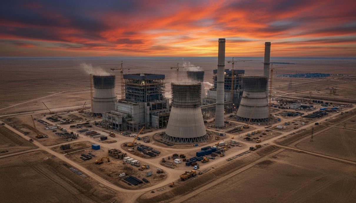 Крупная современная угольная электростанция в казахской степи. Промышленные корпуса, градирни и высокие дымовые трубы на фоне неба.