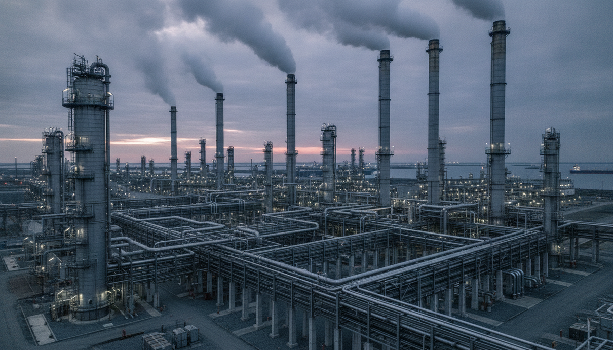 Промышленный нефтехимический комплекс с высокими колоннами, металлическими трубопроводами и дымящимися трубами.