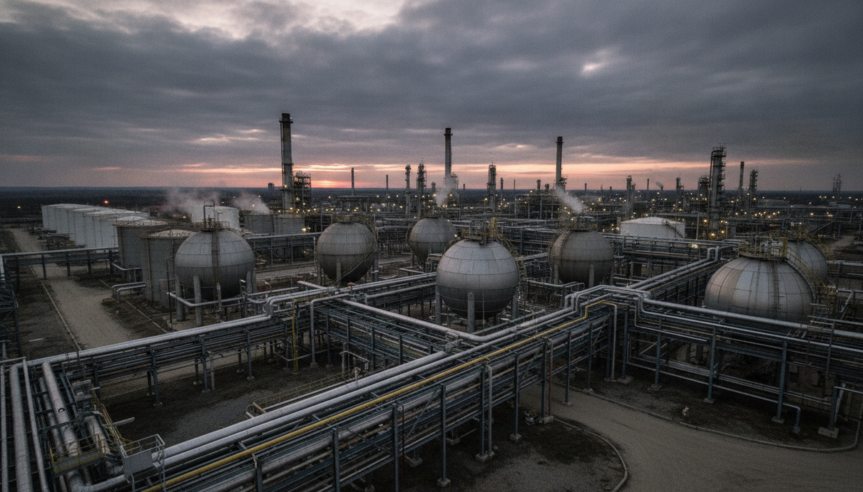 Промышленный нефтехимический комплекс с массивными металлическими трубами и резервуарами на фоне облачного неба.