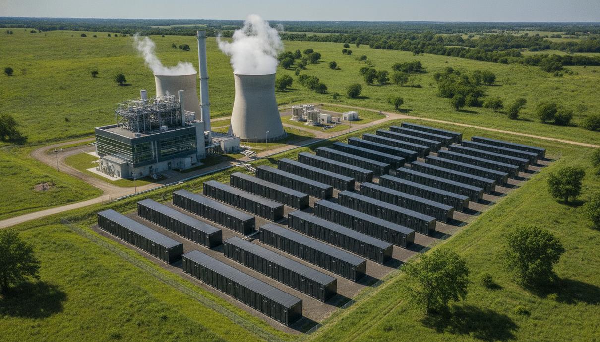 Современная парогазовая электростанция с градирнями и рядами контейнеров системы накопления энергии на фоне зелёного ландшафта.