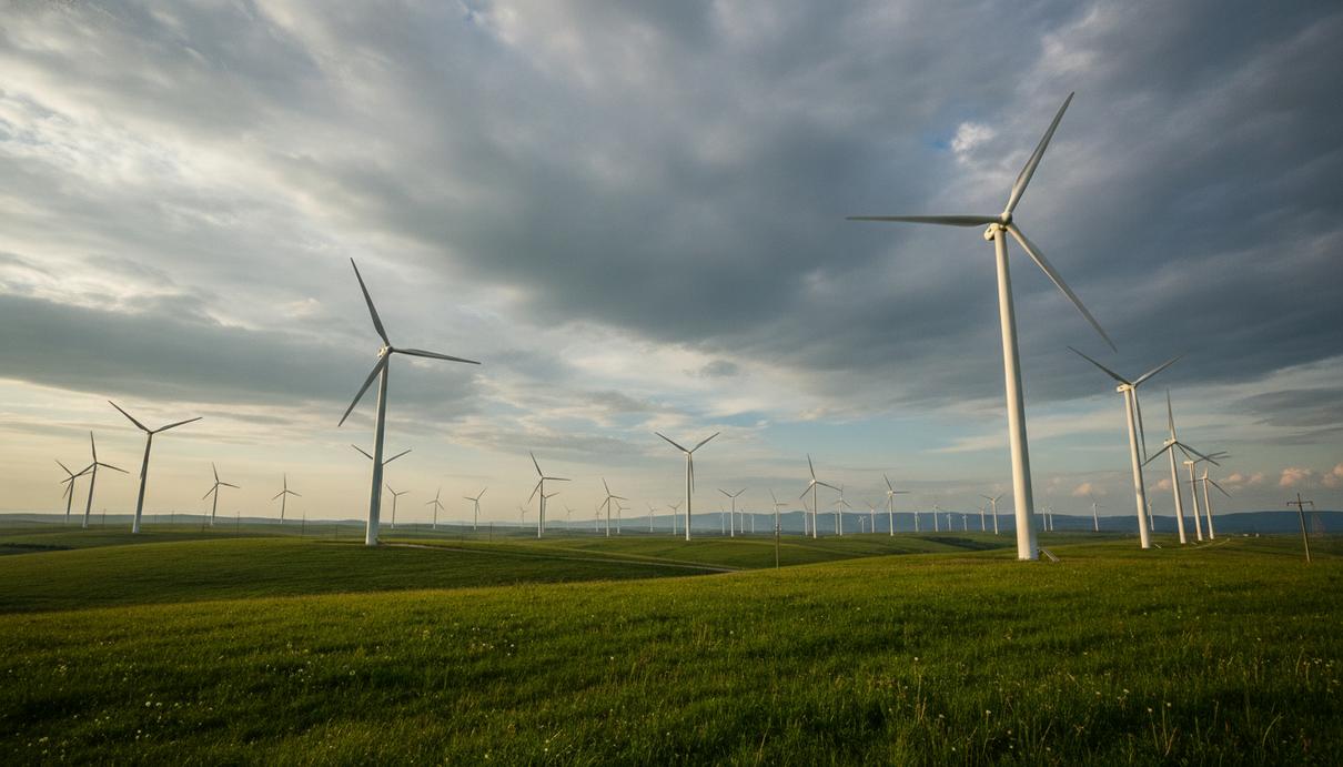 Rezolv Energy запустила в Румынии крупнейший за 10 лет ветропарк Ряды высоких ветряных турбин на фоне холмистого пейзажа. Наземная ветроэлектростанция в Румынии.