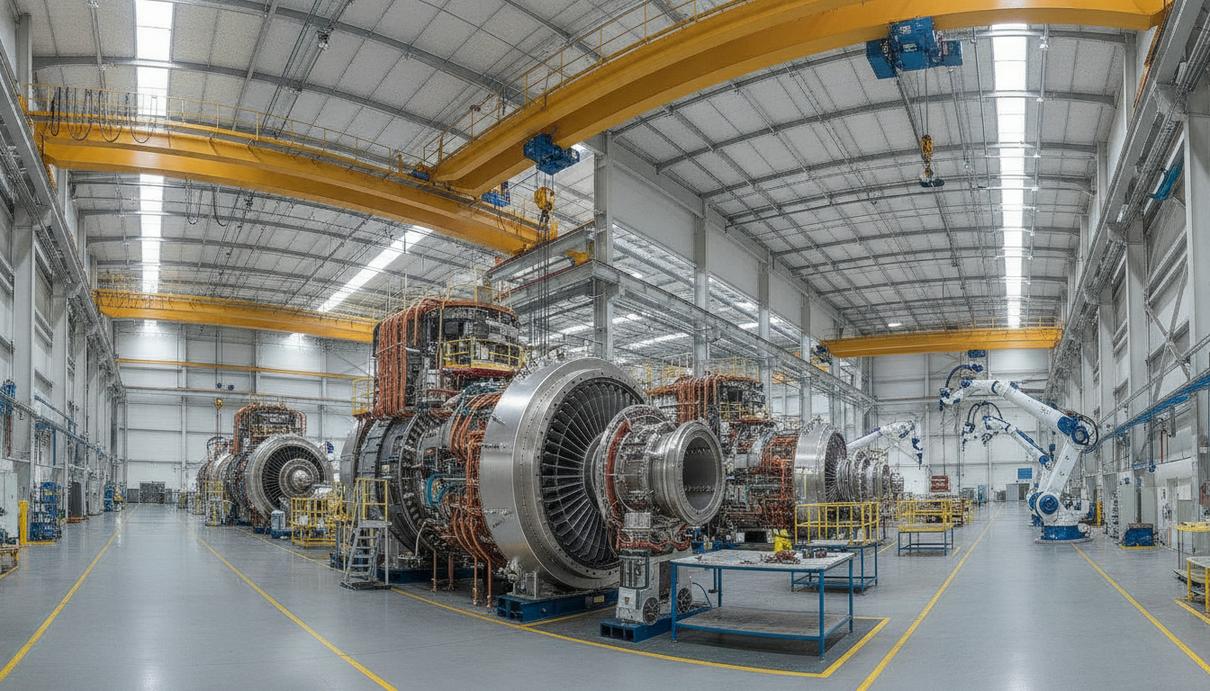 Mitsubishi Power вложит $490 млн в расширение завода турбин в США Цех по сборке газовых турбин на современном заводе. Частично собранные турбины и промышленное оборудование в просторном производственном помещении.
