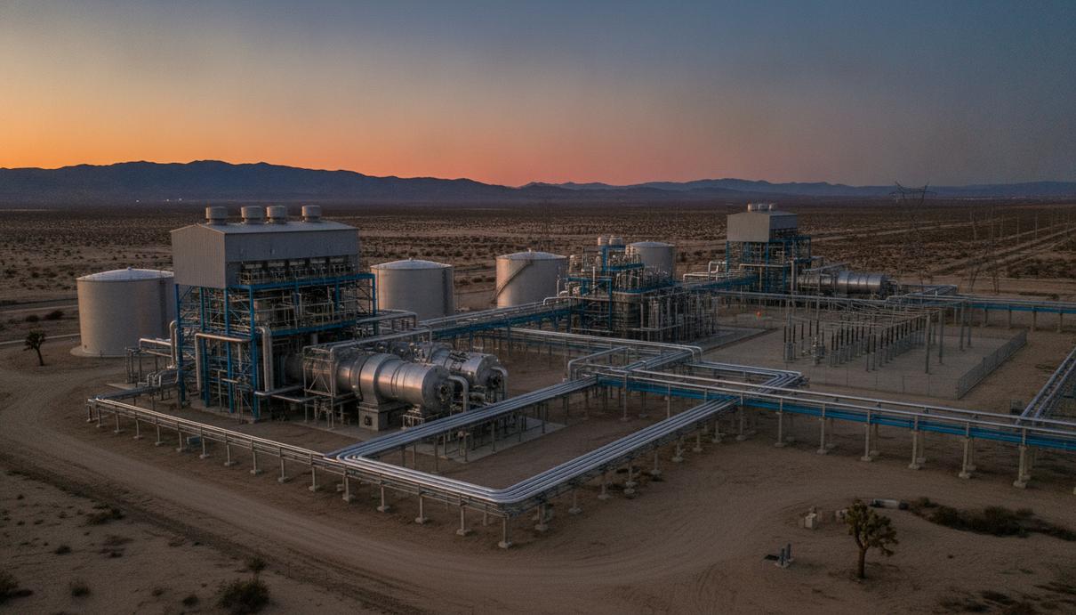 Газовая теплоэлектростанция Panoche Energy Center на фоне заката в Калифорнии. Промышленный комплекс с трубами и турбинами.