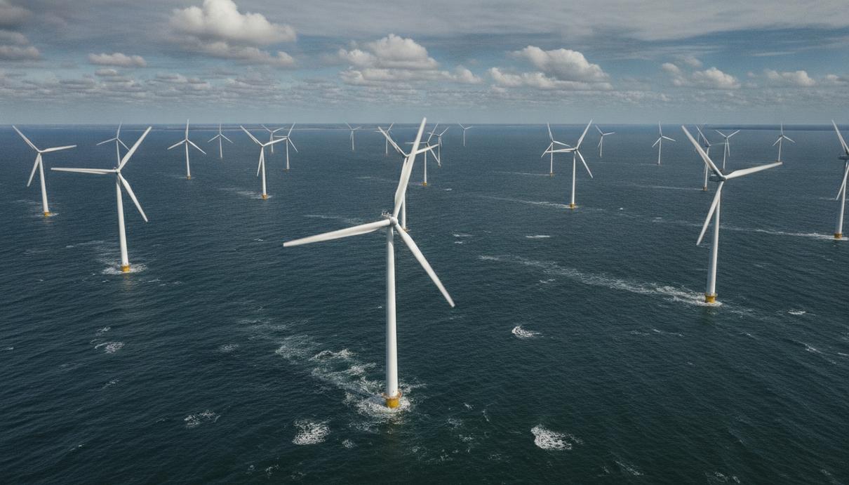 Морская ветроэлектростанция Baltic Power в Балтийском море. Десятки ветряных турбин, установленных в воде.