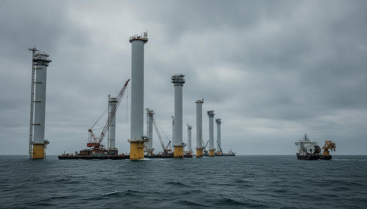 Seaway7 завершила прокладку кабелей на ВЭС East Anglia Three в Британии Морская ветроэлектростанция в Северном море. Ряды ветряных турбин, установленных в воде, на фоне облачного неба.